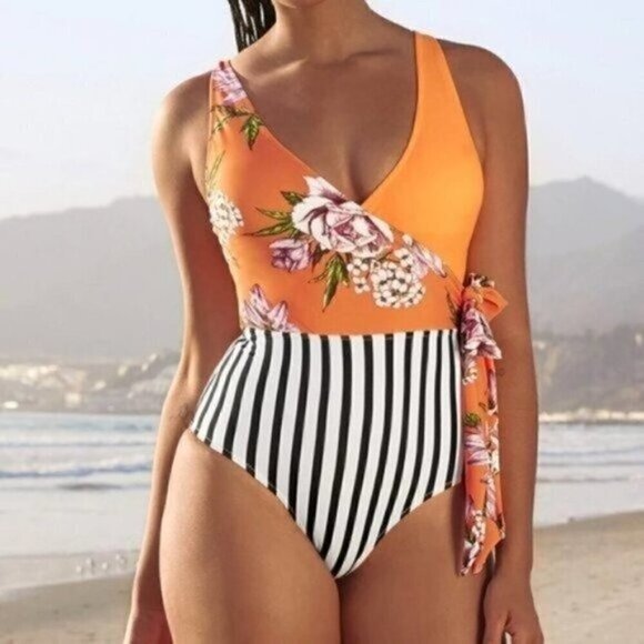 NWT Floral Stripe Printed One Piece Bathing Suit Orange White Black Swimsuit - Picture 1 of 8